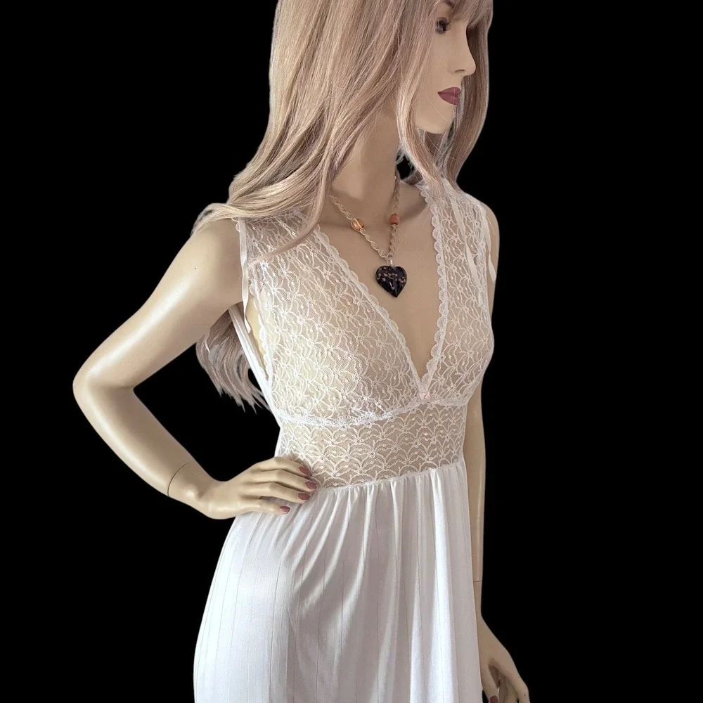Vintage 80s White Lace Bridal Nightgown Small Deep V Sheer Bodice Maxi Gown - Picture 6 of 7